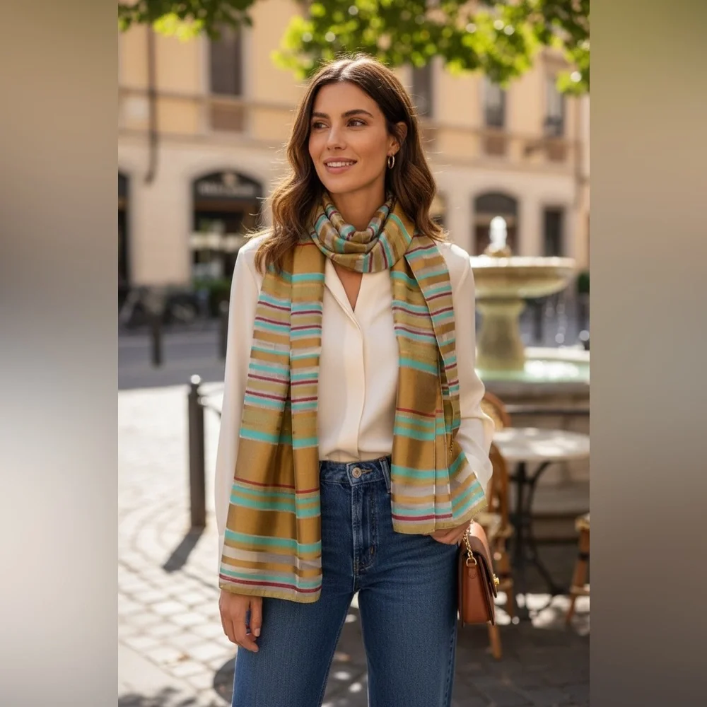 Italian Striped Metallic Holographic Oversized Cotton Blend Scarf